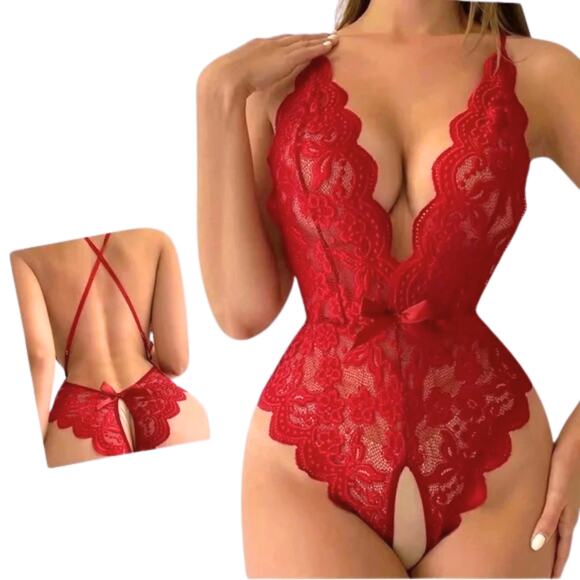 XL crotchless lingerie red lace backless teddy bodysuit soft - Picture 2 of 8